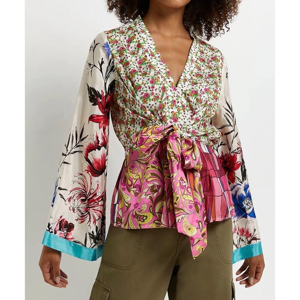 River Island Floral Patchwork Blouse Top Size 10 Boho Statement Sleeve Mix Print